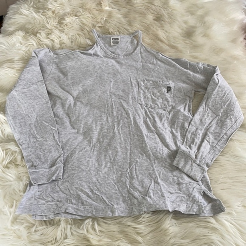 Pink Victoria’s Secret grey “love pink” cold shoulder long sleeve t shirt top XS